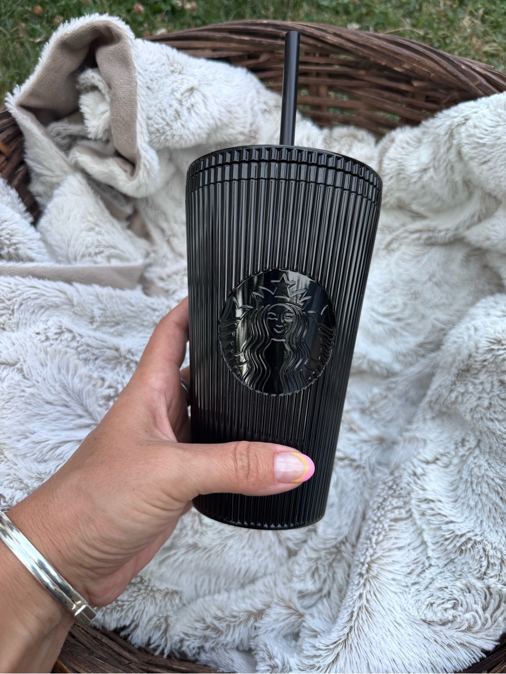 Starbucks Black Ribbed Cold Cup with Matching Straw